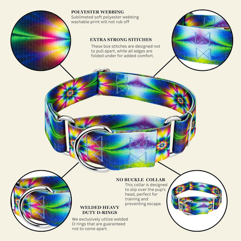 Country Brook Petz HossFit Jr Wide Martingale Dog Collar - Groovy Collection, Tie Dye Flowers, Medium