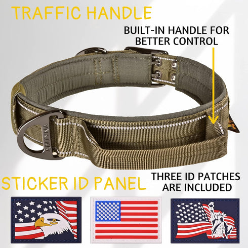 ADITYNA Heavy Duty Dog Collar with Handle - Reflective Green Collar for Large Dogs, Tactical, Soft Padded