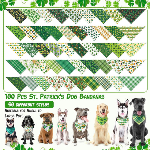 100 Paterr Pieces Dog Bandanas Bulk St. Patrick's Day Pet Handkerchief Shamrocks Soft Triangle Bibs Cute Kerchief