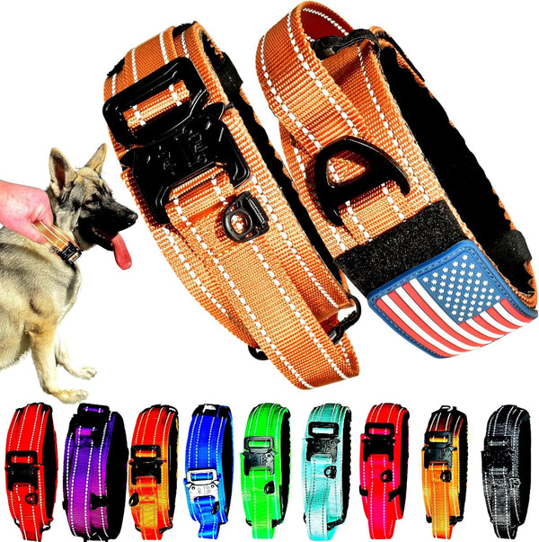 2-Inch Wide Tactical Dog Collar, Adjustable Military Style with Control Handle, Heavy-Duty Metal Buckle, USA Flag Patch