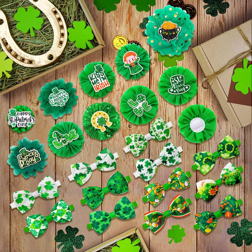 24pcs St. Patrick's Day Dog Bow Ties, Adjustable Green Pet Collar Attachment, Lucky Clover Bowties for Dogs