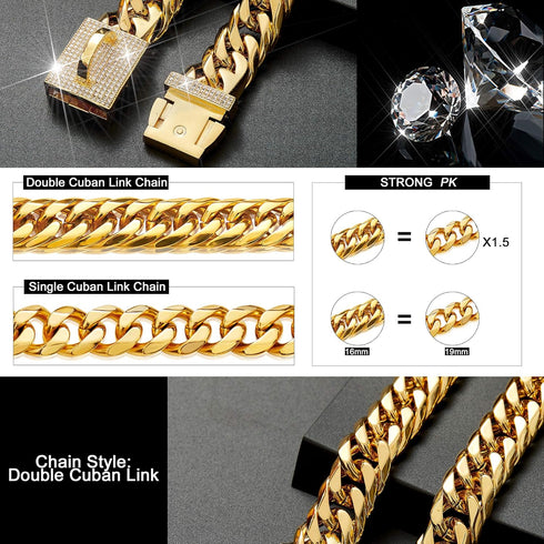 Dog Chain Collar Walking Metal Chain with Secure Buckle, Gold Cuban Link Heavy Duty for Medium Dogs (16MM, 16")