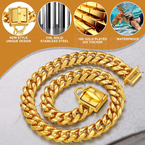Dog Chain Collars - Gold Chain Dog Collar 14mm Cuban Link with Secure Snap Buckle, 18K Stainless Steel, Includes Dog
