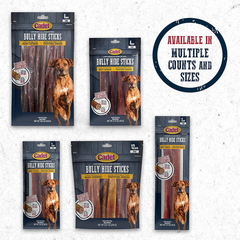 Cadet Bully Hide Sticks for Large Dogs – All-Natural Beef Pizzle, Low Fat, High Protein, 8 Count, Grain & Rawhide-Free