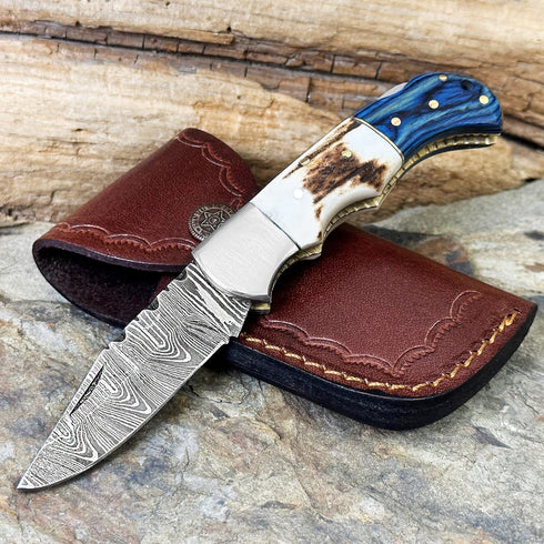 WINTERFELL Damascus Pocket Knife For Men - 6.5" Handmade Folding Knife with Leather Sheath for Hunting and Camping
