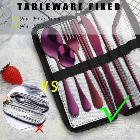 VANDBAO Portable Travel Utensils, Reusable Silverware with Case for Fixing Tableware, 9 Pieces Stainless Steel Stable Flatware Set, Camping Picnic Cutlery Set (Purple Set) by VANDBAO