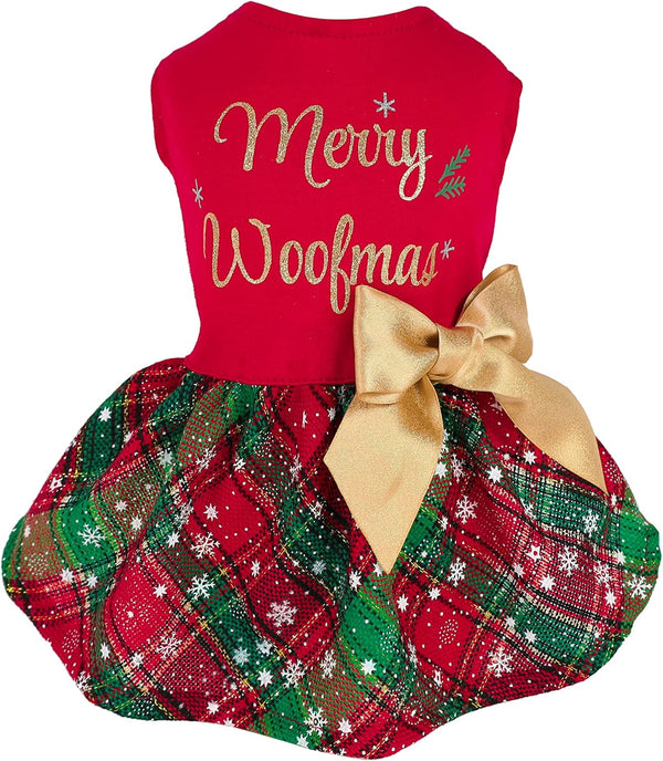 Fitwarm Merry Woofmas 100% Cotton Dog Christmas Outfits, Lightweight Holiday Dress with Bowknot, Red XXS