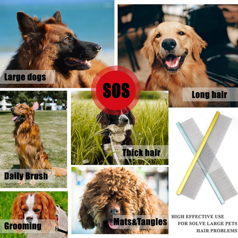 10in Large Dog Grooming Comb for Shedding, Metal Comb with Long Wide Tooth for Poodles and Goldendoodles, Gold