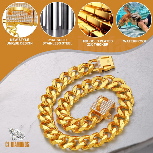 Designer Luxury Dog Chain Collar, Gold with CZ Buckle, 19mm Cuban Link, for Small Medium Large Dogs