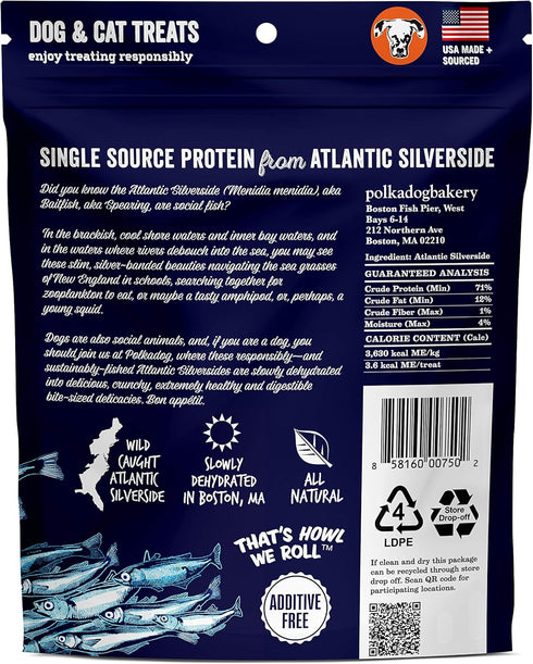 Polkadog Atlantic Silverside Whole Fish Dog Treats – All-Natural Treats for Dogs, Pets, Cats – Single Ingredient Crunchy Pet Snacks, Training Treats – Wild-Caught Fish – 2.5 oz.