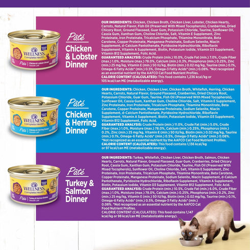Wellness Complete Health Grain-Free Wet Canned Cat Food, Seafood Pate Favorites Variety Pack, 3 Ounce Can (Pack of 12)