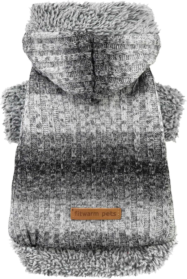 Fitwarm Fuzzy Dog Sweater, Knitted Winter Clothes for Small Dogs, Hooded Outfit in Heather Grey, Black, Medium