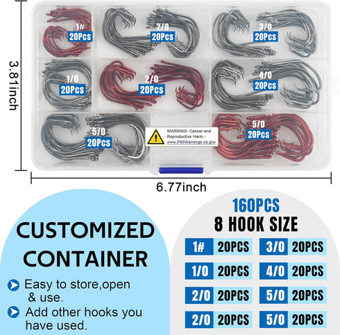 Shaddock Fishing 160pcs/box 7381 Offset Sport Circle Hooks, Black High Carbon Steel, Size: 1-5/0