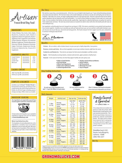 Grandma Lucy's Artisan Dog Food, Grain Free and Freeze-Dried - Artisan Chicken, 1Lb Bag