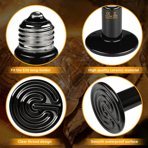 150W 2-Pack Bulbs HealSmart Reptile Heat Lamp Ceramic Heat Emitter, No Light Emitting Heat for Amphibian Pet Brooder