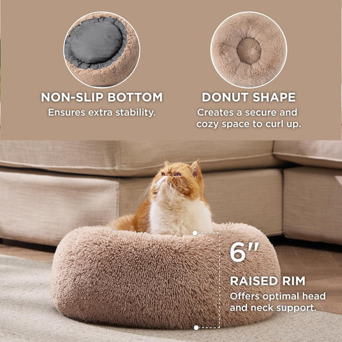 Bedsure Small Cat Bed for Indoor Cats, Washable 20 inches Anti-Slip Round Fluffy Plush Faux Fur Pet Bed, Fits up to 15