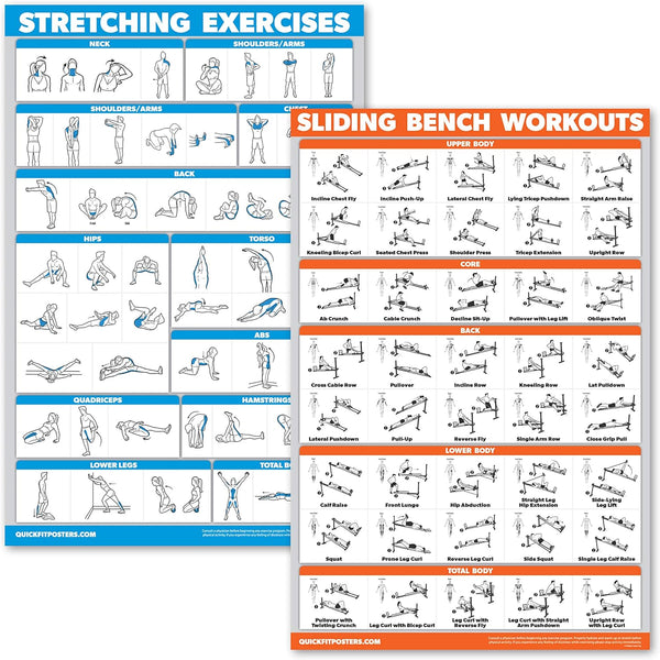 QuickFit 2 Pack Stretching Exercises & Sliding Bench Workout Poster Set - Compatible with Total Gym