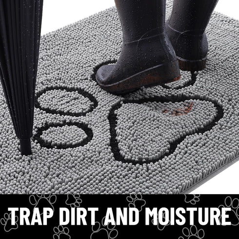 smiry Dog Door Mat for Muddy Paws, Absorbent Non-Slip Washable Mat, Quick Dry Chenille, Grey (47x32 Inches)