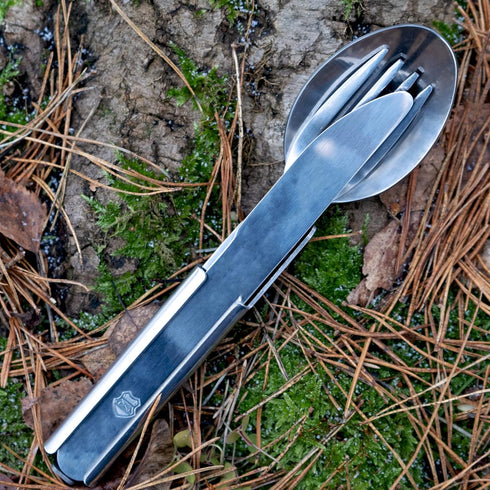 Original Hungarian Army Cutlery Set, 4 Pieces, Military Issue Spoon Fork Knife Kit Flatware Multi-Tool