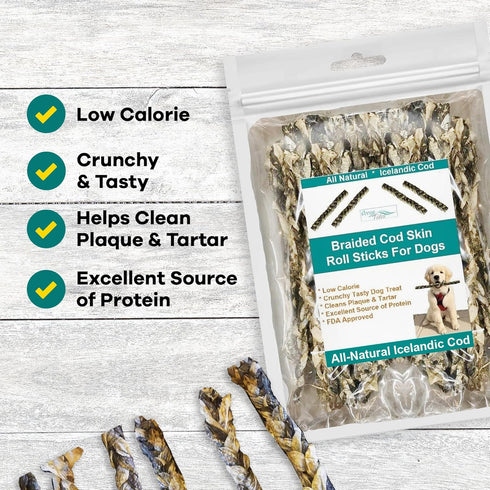 Ocean Tides Braided Icelandic Atlantic Cod Fish Skin Treats for Dogs and Cats - Dried Lean Crunch Sticks Chews
