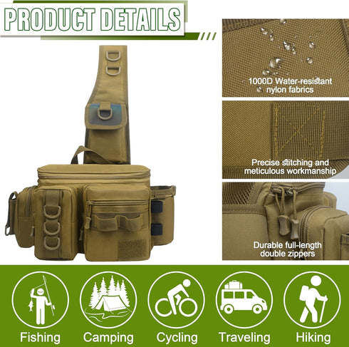 Fishing Tackle Bag, Portable Crossbody Fishing Sling Bag with Waist Strap for Outdoor Fishing Gear Storage