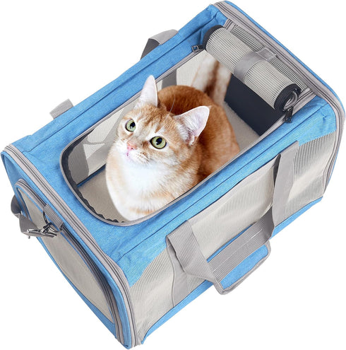 Large Blue Cat Carrier for Small, Medium, and Large Cats, Portable Soft Travel Carrier, Airline Approved Cat Bag