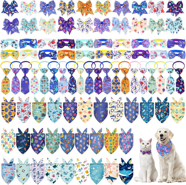 Reginary 120 Pcs Ocean Animals Dog Bandanas Bulk Dog Bows Set Bow