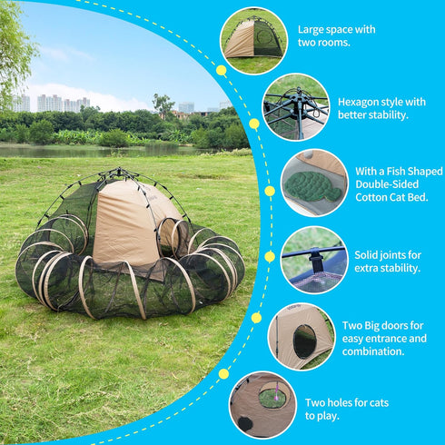Quickup Pop Up Cat Tent for Outside, X-Large Catio & Cat Enclosure with Fish-Shaped Cat Mat, Portable Outdoor Cat