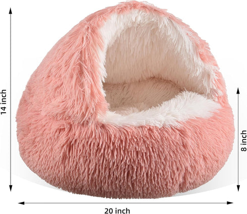 Cat Bed Round Plush Fluffy Hooded Calming Cat Bed Cave for Dogs&Cats,Self Warming pet Bed with Non-collapsed Cover for Indoor Cats or Small Dogs,Machine Washable,Anti-Slip&Waterproof Bottom,20",Pink