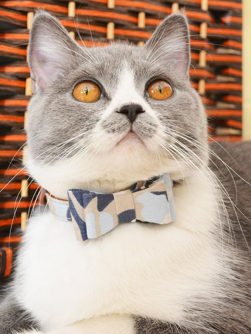 Small Dog Collar Puppy Cat Tiny Pet Bow Tie & Bandana Set, 2pcs PU Leather Canvas Scarf, Durable Camo-Blue