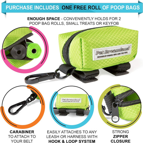 Pet Dreamland Dog Waste Bag Dispenser - Poop Bag Dispenser for Leash with Free Roll of Doggie Poop Bags, Zippered
