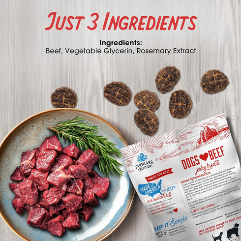 Farmland 3 13.5 Traditions Dogs Love Beef Jerky Dog Treats with Only Ingredients and No Fillers, Ounce Bag