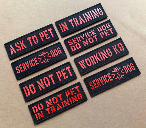 2 Pack Black Red Reflective Tactical Dog Patches Service Dog, in Training, DO NOT PET Tags with Hook and Loop Patches