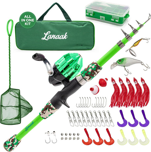 Kids Fishing Pole and Tackle Box - Includes Net, Travel Bag, Reel, and Beginner’s Guide - Rod and Reel Kit for Youth