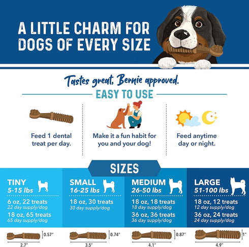 Bernie's Charming Chompers - Daily Dental Chews for Dogs 26-50 Lbs. - 36 Count - Cleans Teeth & Freshens Breath