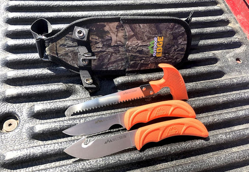 OUTDOOR EDGE WildGuide 4-Piece Hunting Knife Set & Field Dressing Kit with Camo Nylon Belt Sheath