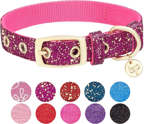 Blueberry Pet Adjustable Dog Collar in Cerise Pink, Glam Life Gold Stamping Lace, Neck 7.5-10", for Small Breed