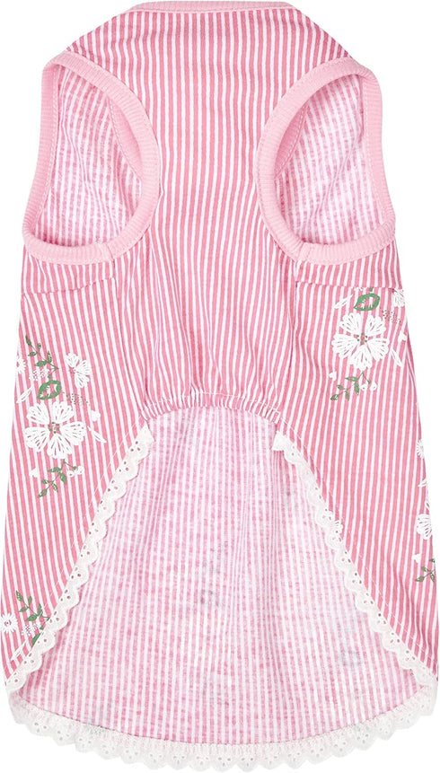 Blueberry Pet Wonderland Floral Sleeveless Dog Dress, Pink Stripe with Peter Pan Collar, Back Length 12", Pack of 1