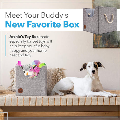 Dog Toy Box, Storage Bin for Puppy Toys, Foldable Cube Storage Bin with Cutout Window and Sturdy Cardboard Base | Toy Basket with Stylish Earth Tone Design, 12x12x11.25 inch