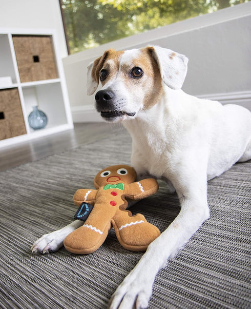 goDog Christmas Gingerbread Man Squeaky Plush Dog Toy - Chew Guard Technology, Large, Brown