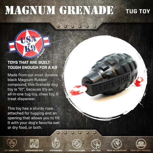 SodaPup USA-K9 Magnum Grenade - Dog Tug Toy, Chew Toy & Treat Dispenser Made from Durable Non-Toxic Rubber