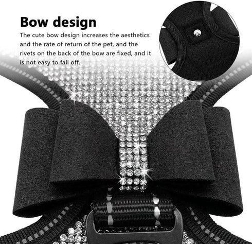 Beirui Soft Fleece Padded Dog Harness - Cute Rhinestone Vest with Sparkly Bow Tie, Reflective Safety Harness (Black, L)