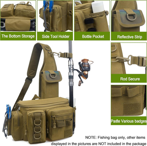 Fishing Tackle Bag, Portable Crossbody Fishing Sling Bag with Waist Strap for Outdoor Fishing Gear Storage