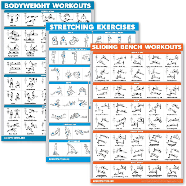 Palace Learning 3 Pack Workout Charts: Bodyweight Workouts, Stretching Exercises, Sliding Bench