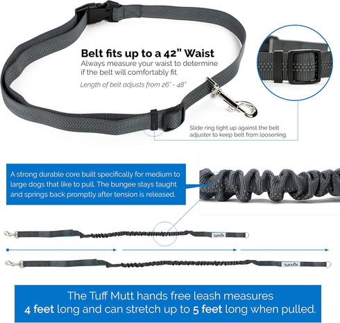 Tuff Mutt Hands-Free Waist Leash for Dog Walking, Running, Hiking, Adjustable Belt with Reflective Bungee Design