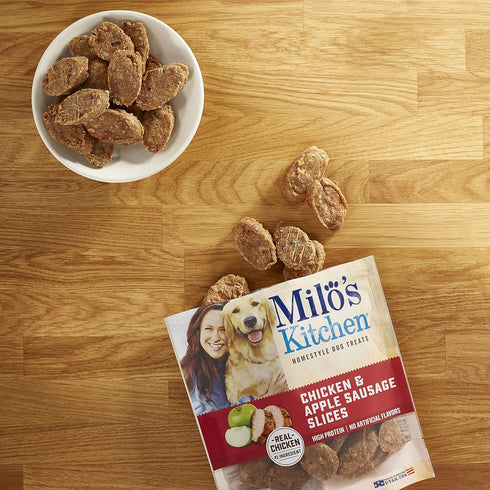 10 (Pack 5), Milo's Kitchen Homestyle Dog Treats, Chicken & Apple Sausage Slices, Ounce of High Protein, No Artificial