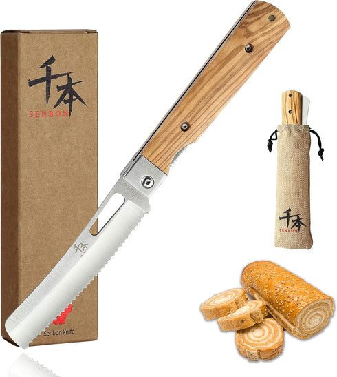 SENBON Japanese Bread Knife - 440A Stainless Steel Pocket Folding Knife, Natural Olive Handle, Serrated Camping Knife