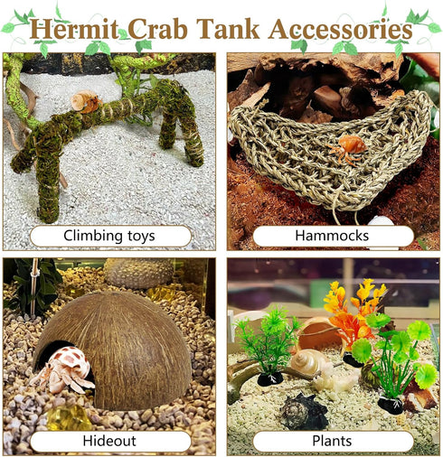 6 PCS Hermit Crab Climbing Toys Large Bendable Moss Hermit Crab Climbing Toys Coconut Hideout Hut Plants with Suction