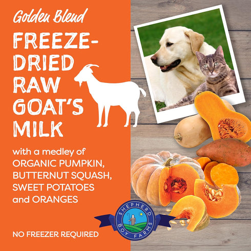 Freeze Dried Raw Goats Milk with Probiotics for Dogs & Cats (Golden Blend), Organic USA Veggies & Fruits, High Protein, Digestible Goat Milk Powder, Dog & Cat Food Toppers