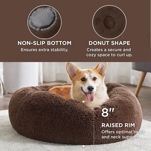 Bedsure Calming Dog Bed for Medium Dogs, Donut Washable Pet Bed, Anti-Slip Round Fluffy Faux Fur, Coffee